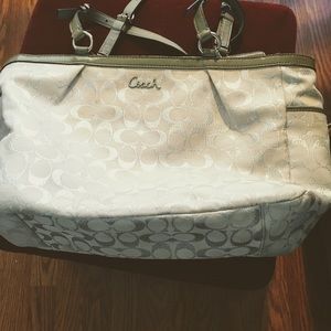 Grey and Metallic Silver Jacquard Coach Purse